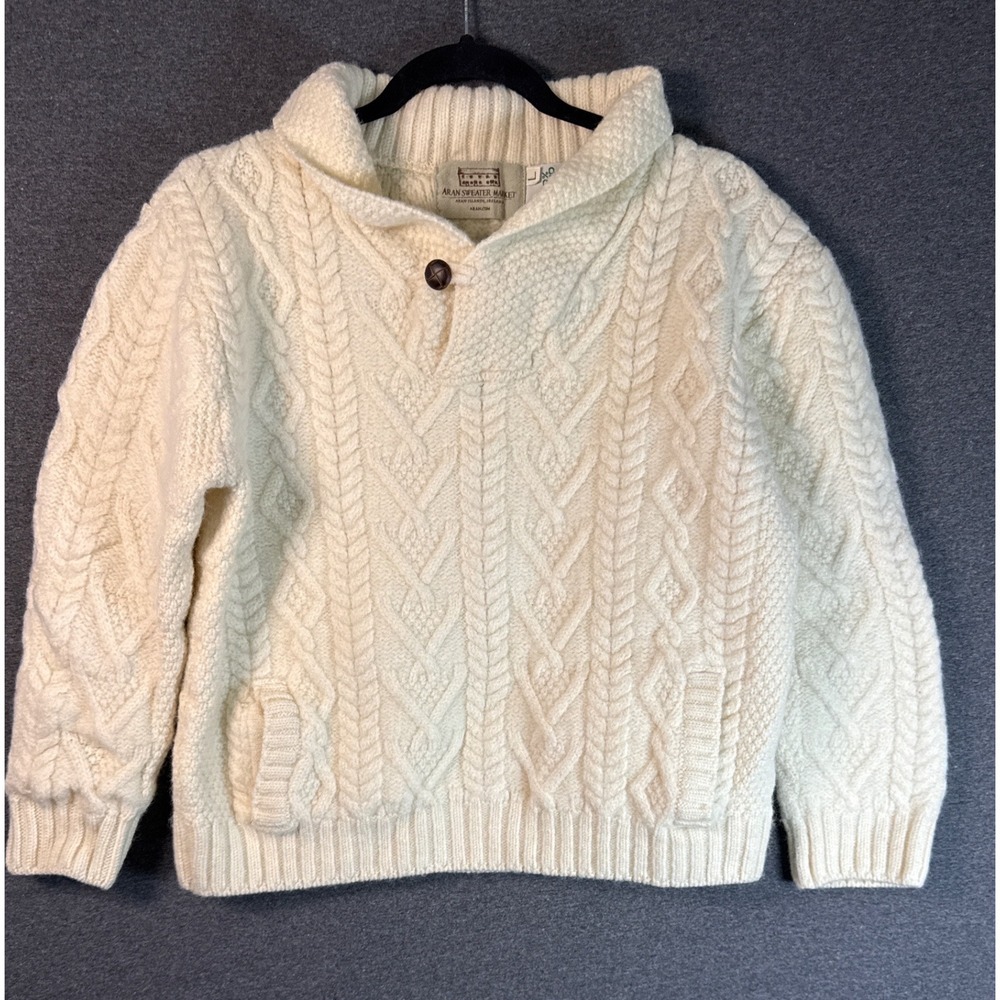 Aran Sweater Market Merino Wool Cable Knit Shawl Neck Sweater Cream Women Large